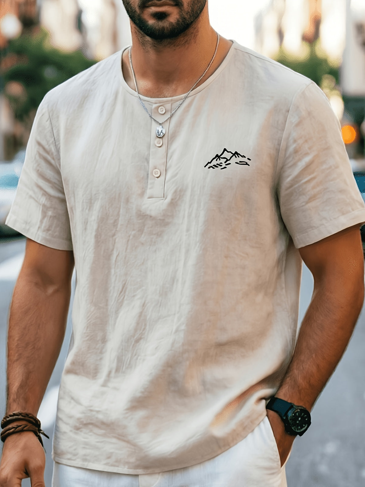 Men'S Summer -Linen Half-Zip Short Sleeve T-Shirt - Khaki