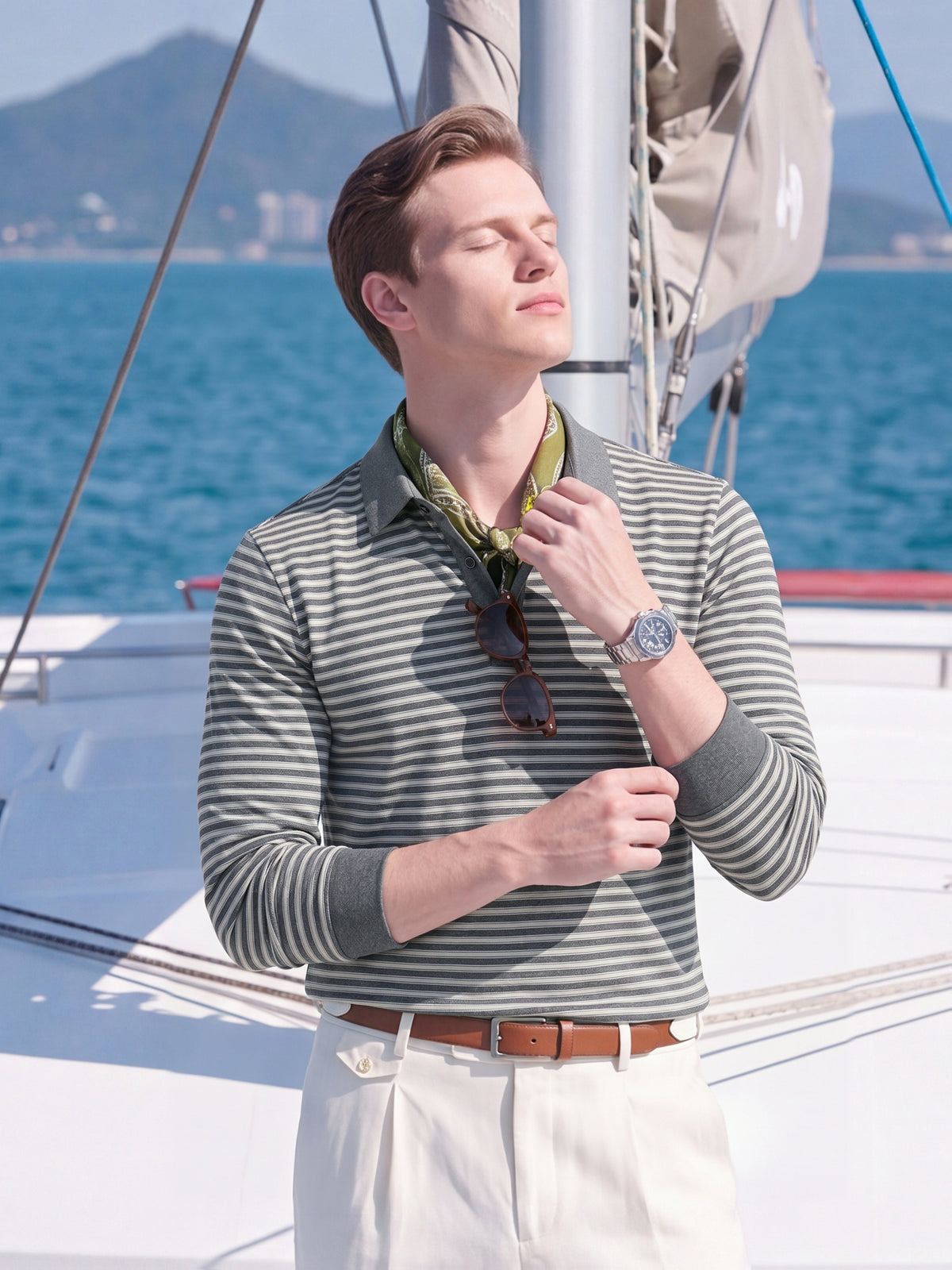 Men's Autumn/Winter Long-Sleeve Polo Shirt, Warm, Classic Striped, Simple and Elegant, Breathable, for Outdoor Wear, Skin-Friendly, with Lapel, Versatile, Ideal for Commuting and Business - Grey