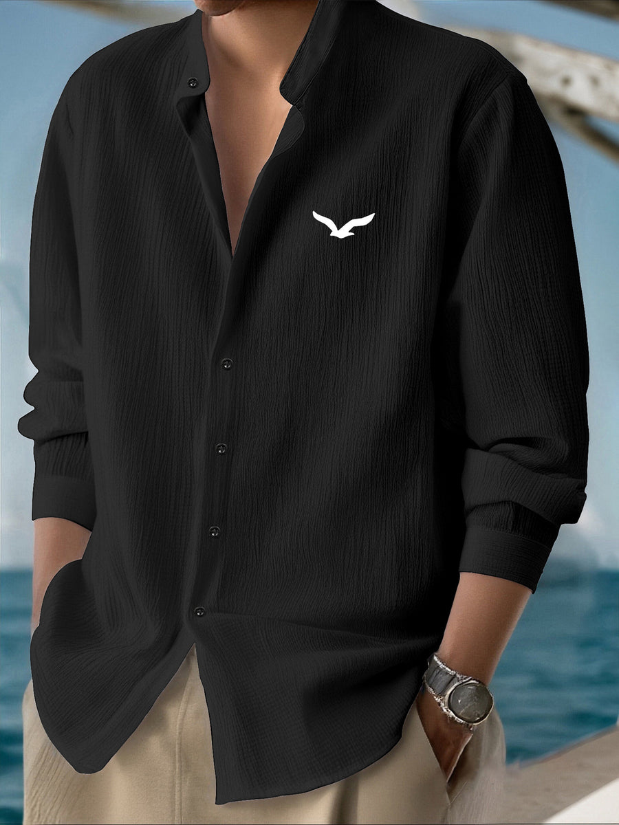 Men's Casual Lightweight Hawaiian Vacation Style Long-Sleeve Shirt - Quick-Drying and Breathable Premium Fabric for Spring and Autumn, Small Bird Print Pattern - Stand Collar Button-Up Top, Suitable for Beach Vacations - Commuting, Formal - Black