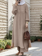New Arabian 2pcs Abaya Set - Women'S Elegant Multi-Button Solid Color Long Sleeve Wide-Leg Trousers Without for Ramadan Spring Autumn Daily Commute - Khaki