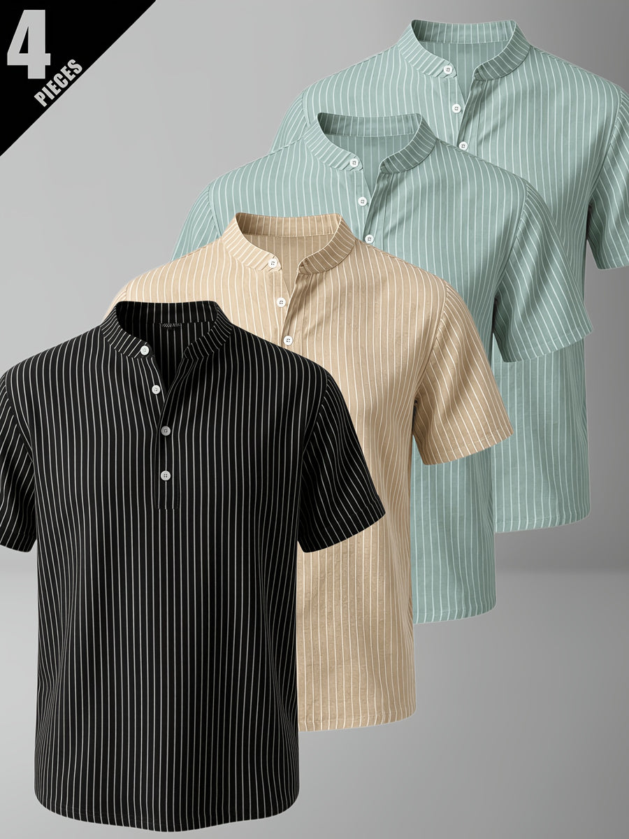 4pcs Men'S Casual Striped Linen Blend Henley Shirts, Breathable Short Sleeve Summer Tops, Suitable for Daily, Beach, And Vacation - Mixed Color 10