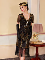 1920S Vintage Sequin Skirt Gatsby Ball Fringe Dress Party Evening Dance Dress Sequined Gown (Dress Solely, No Gloves) - Black Golden