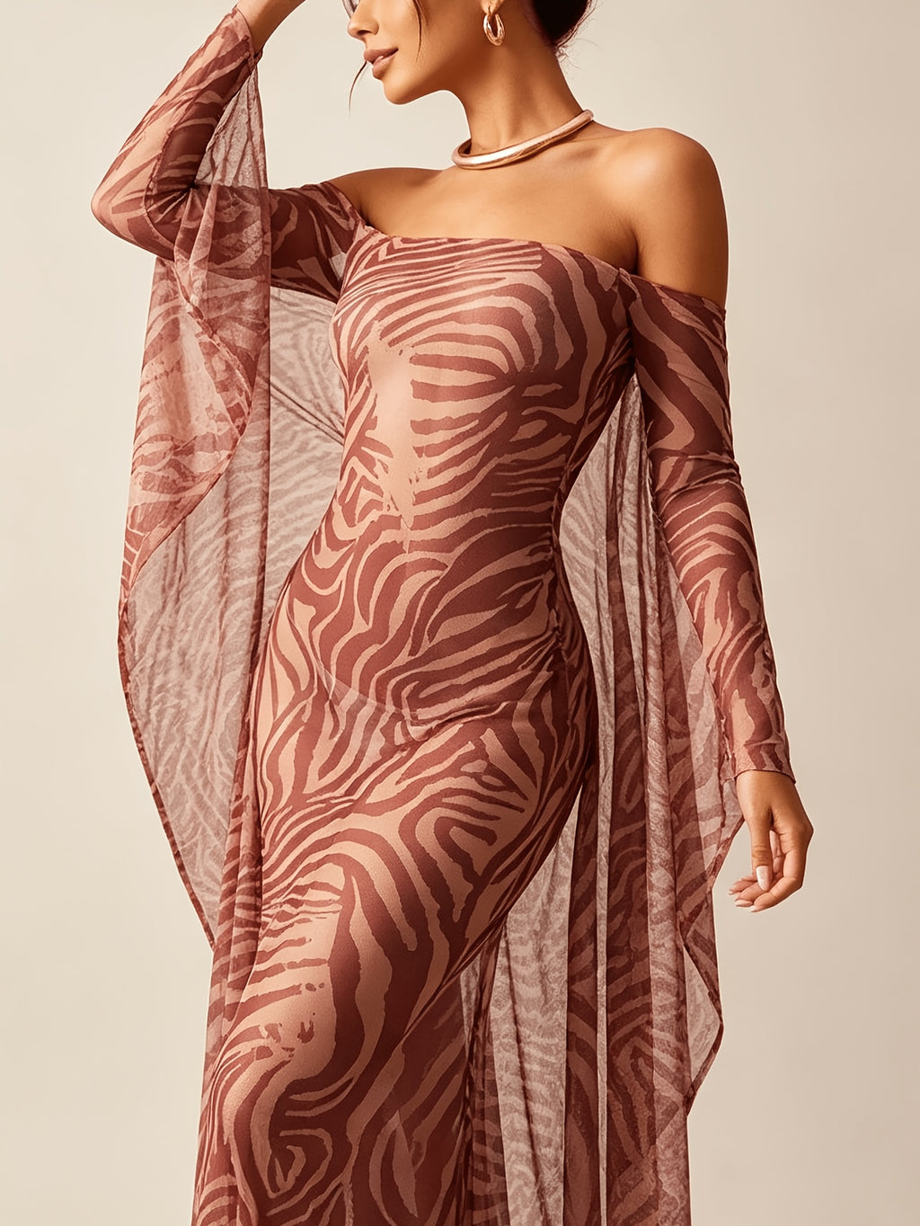 Sexy Party Hot Style Zebra Print Mesh Dress with Off-Shoulder and Open Back, Slim-Fit Long Dress - Sepia