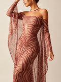 Sexy Party Hot Style Zebra Print Mesh Dress with Off-Shoulder and Open Back, Slim-Fit Long Dress - Sepia