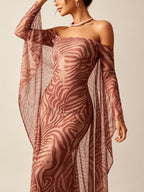 Sexy Party Hot Style Zebra Print Mesh Dress with Off-Shoulder and Open Back, Slim-Fit Long Dress - Sepia