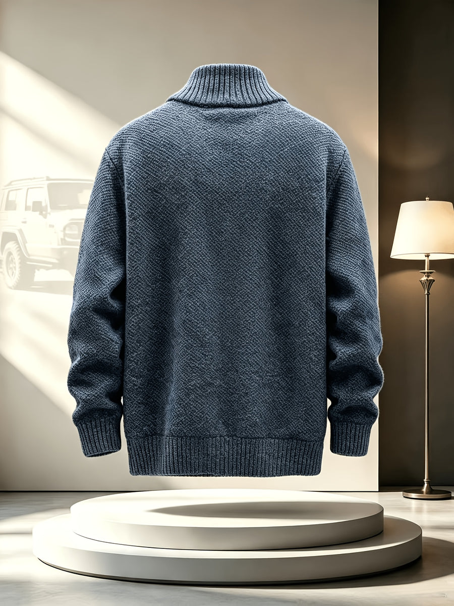 Men'S Stand Collar Zip-Up Knitted Cardigan for Fall Winter, Solid Color Long Sleeve Fleece Lined Casual Sweater Coat, Slim Fit And Versatile for Daily Wear - Navy Color