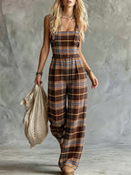 Autumn/Winter Fashion Classic Plaid Color-Block Suspender Jumpsuit, High-Waisted Loose Wide-Leg Leg-Length-Enhancing Casual Daily Commute Overalls ZLLZ - Yellow Brown