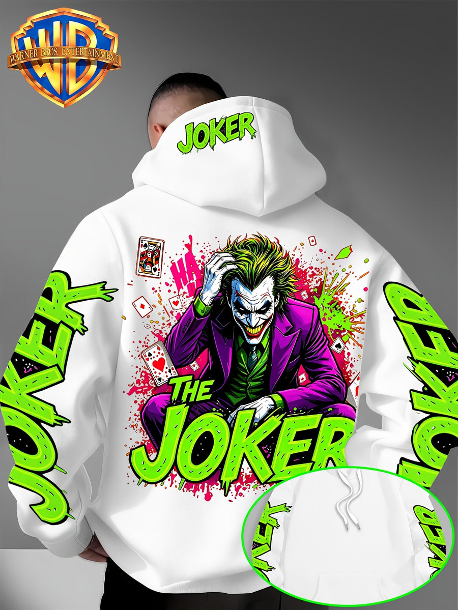 Authorized by Warner Bros., Featuring Colorful Graffiti And Ink Splattered Joker JOKER Poker Prints, Hat Design Patterns, Versatile Street Style Men'S Hooded Sweatshirt, Comfortable And Casual, Suitable for Autumn And Winter Wear - White