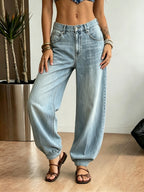 2026 New Light Blue Balloon Leg Denim Pants, Vintage Washed Oversized Barrel Jeans for Women, Elastic Hem Casual Trousers for Daily Wear - Light Blue