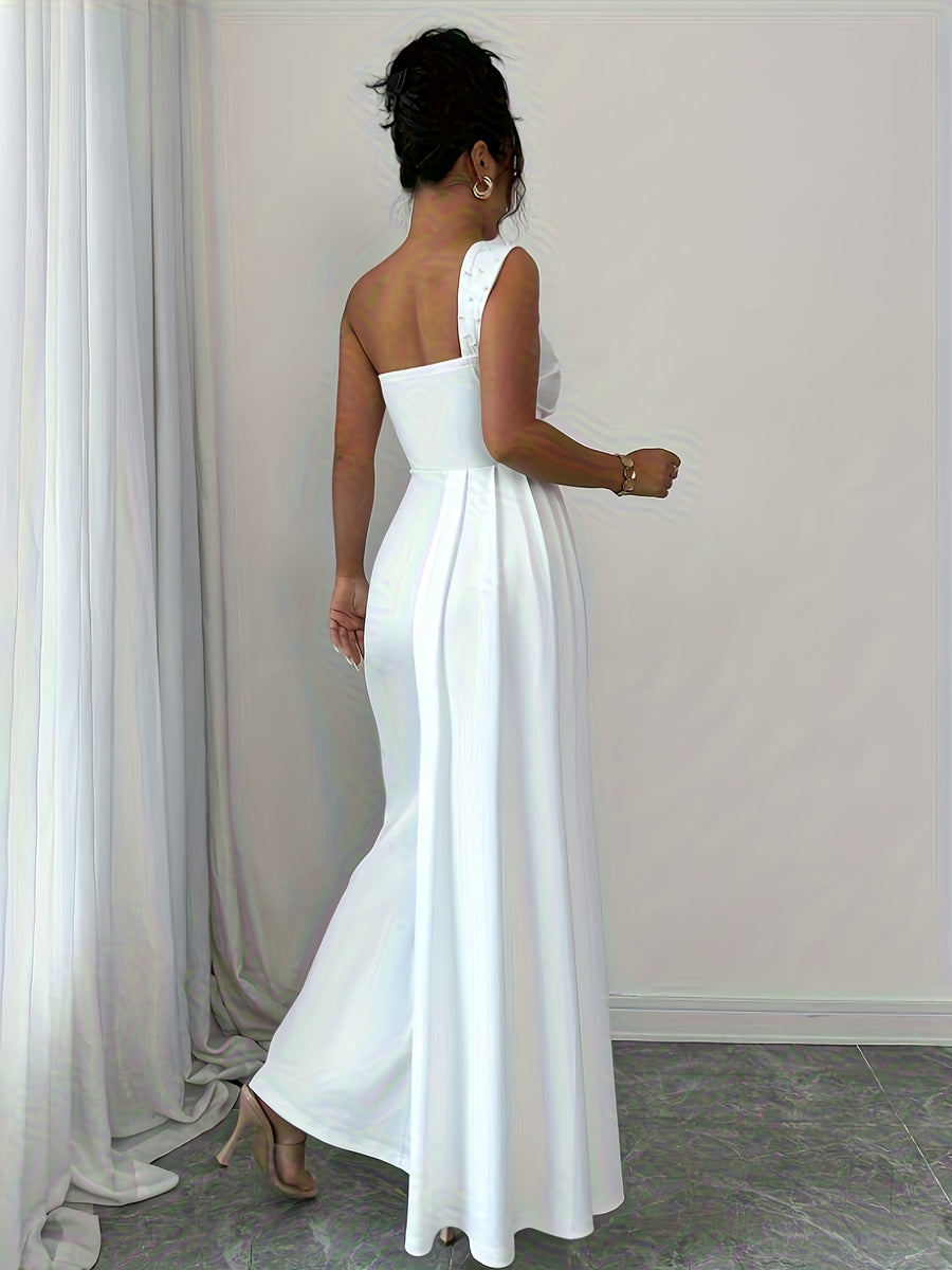 Women's Beaded Pleated Waist Fitted Bridesmaid Dress, Suitable for Dates, Parties, Festivals, Valentine's Day, and Daily Wear - Ivory White
