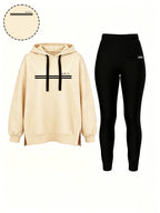 Autumn/Winter Set: Hooded Sweatshirt And Fitted Long Pants (Pattern Print Design) - Apricot + Black