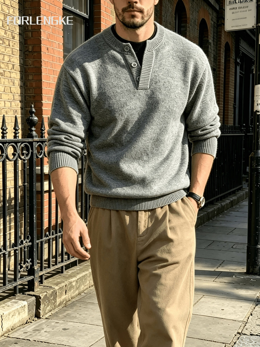 FORLENGKE Autumn/Winter New Arrival Men's Solid Color Long-Sleeve Button-Up Knit Sweater, Soft and Fine Knitted Fabric, Vintage Casual Style, Versatile Pullover for Daily Outings and Outerwear - Grey