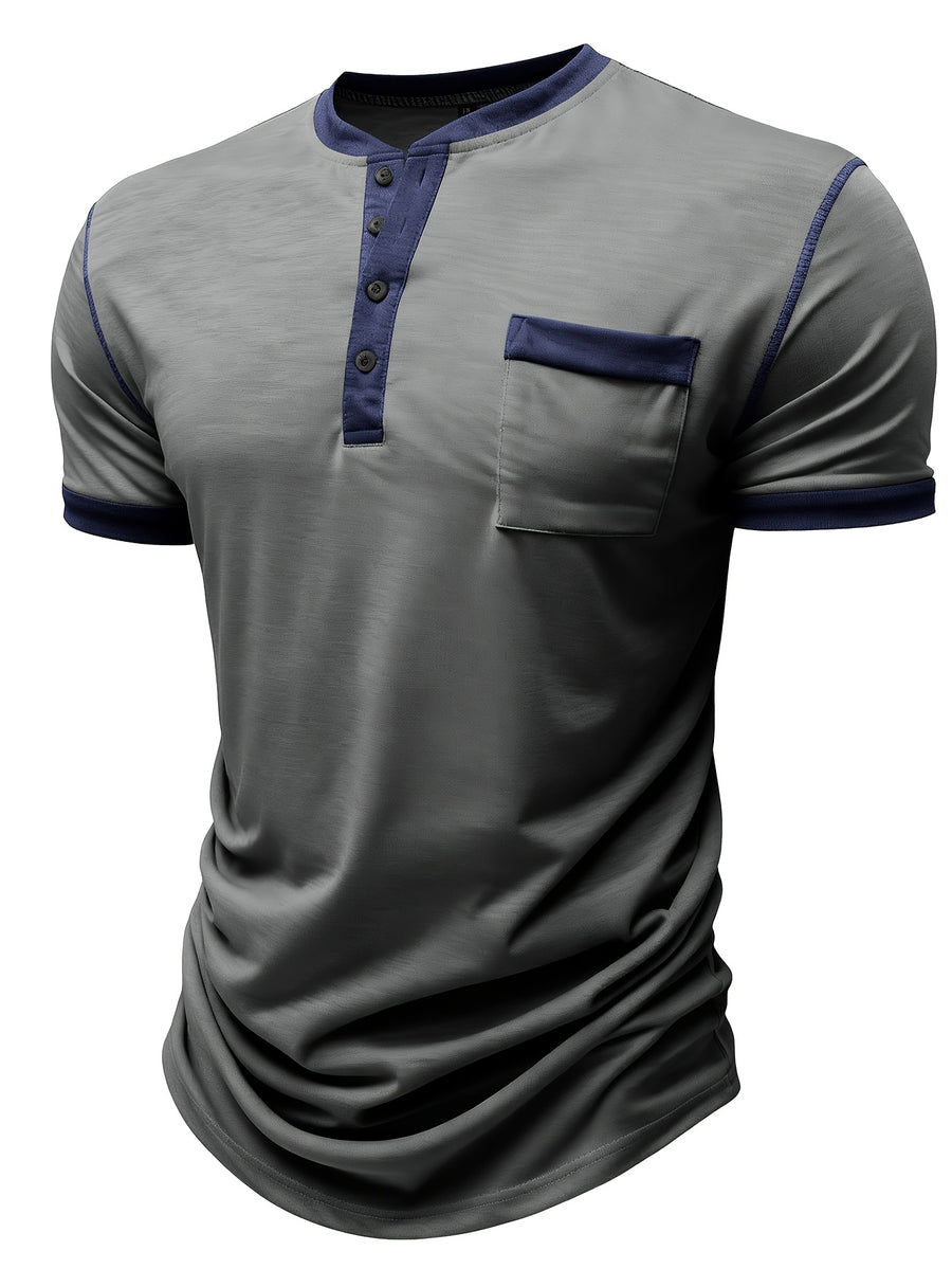 Summer Men'S Short Sleeve T-Shirt Classic Henry Shirt Men'S Short Sleeve Shirt Soft And Skin-Friendly A Must-Have for Summer Breathable And Cool Two-Piece Set for - Dark Gray With Light Gray