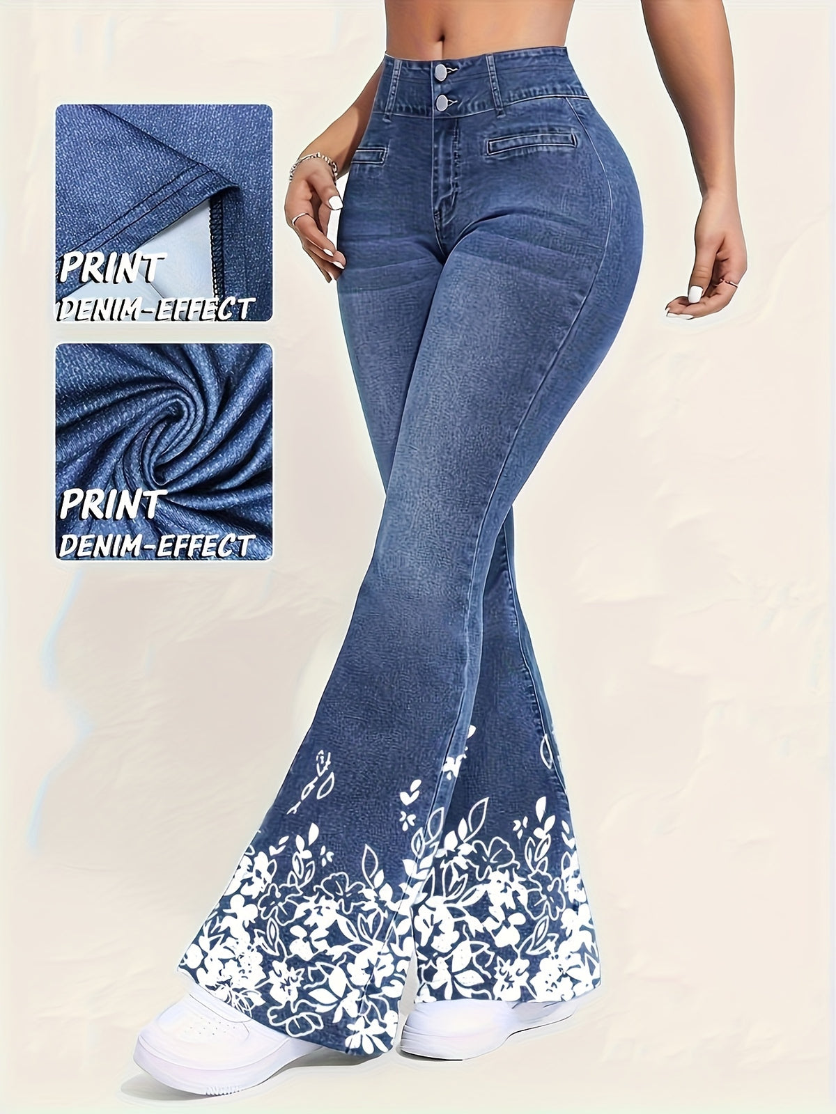 [Printed Pants - Not Faux Denim Fabric]Printed Legging - Not Faux Denim Fabric Targeted Development of European And American Women'S New Fashion Elegant Comfortable Digital Printing Imitation Faux Denim Pants Trousers Plant Non-Faux Denim Fabr - Navy Color