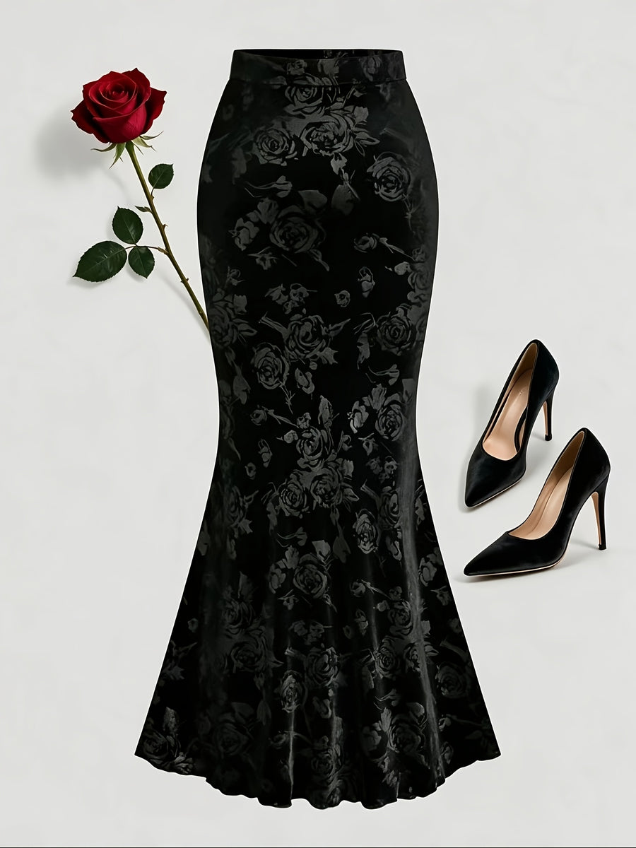 Elegant Velvet Three-Dimensional Rose Embossed Mermaid Skirt, Baita Fashion Dress - Black