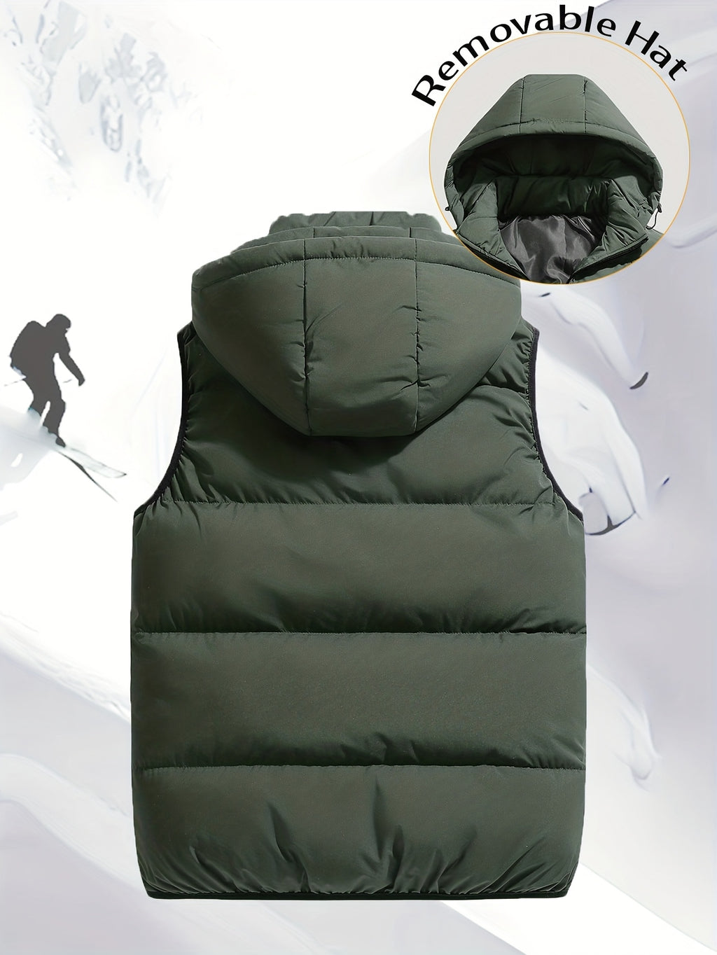 Men'S Autumn Winter Solid Color Vest, Outdoor Casual Fashion Thickened Waistcoat, Quilted Casual Warm Jacket with Removable Hood, Zippered Pockets, Men'S Cold Weather Jacket Top. Suitable for Multi-Scene Wear - fern green