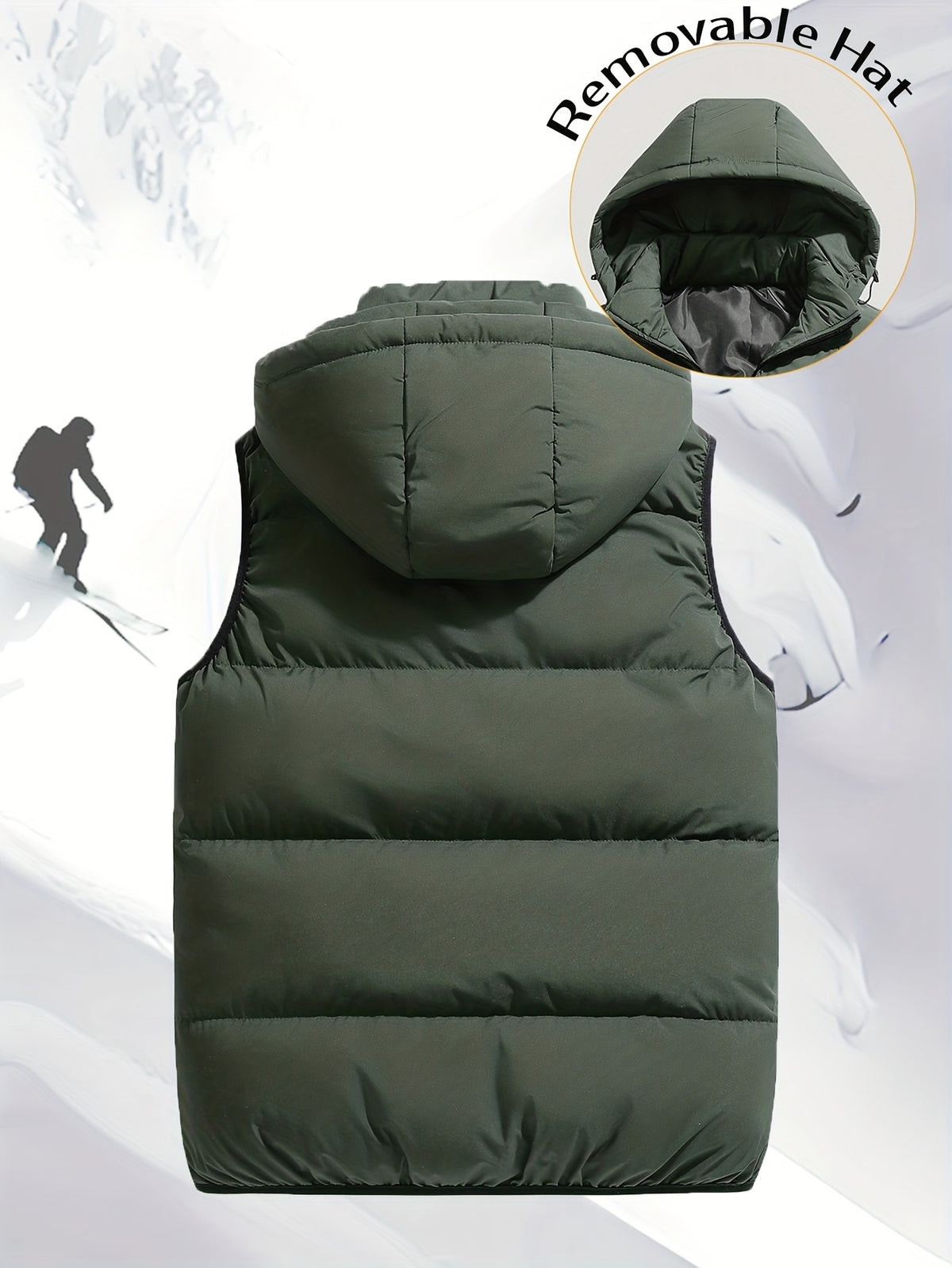 Men'S Autumn Winter Solid Color Vest, Outdoor Casual Fashion Thickened Waistcoat, Quilted Casual Warm Jacket with Removable Hood, Zippered Pockets, Men'S Cold Weather Jacket Top. Suitable for Multi-Scene Wear - fern green
