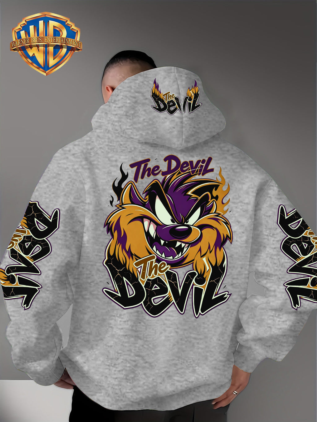 Le Yitong Big Mouth Monster The Devil Flame Print Hooded Sweatshirt, with Sleeve Print Design, Kangaroo Pouch And Drawstring Hood, Suitable for Autumn/Winter Casual Wear And Outdoor Activities - Grey