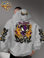 Le Yitong Big Mouth Monster The Devil Flame Print Hooded Sweatshirt, with Sleeve Print Design, Kangaroo Pouch And Drawstring Hood, Suitable for Autumn/Winter Casual Wear And Outdoor Activities - Grey