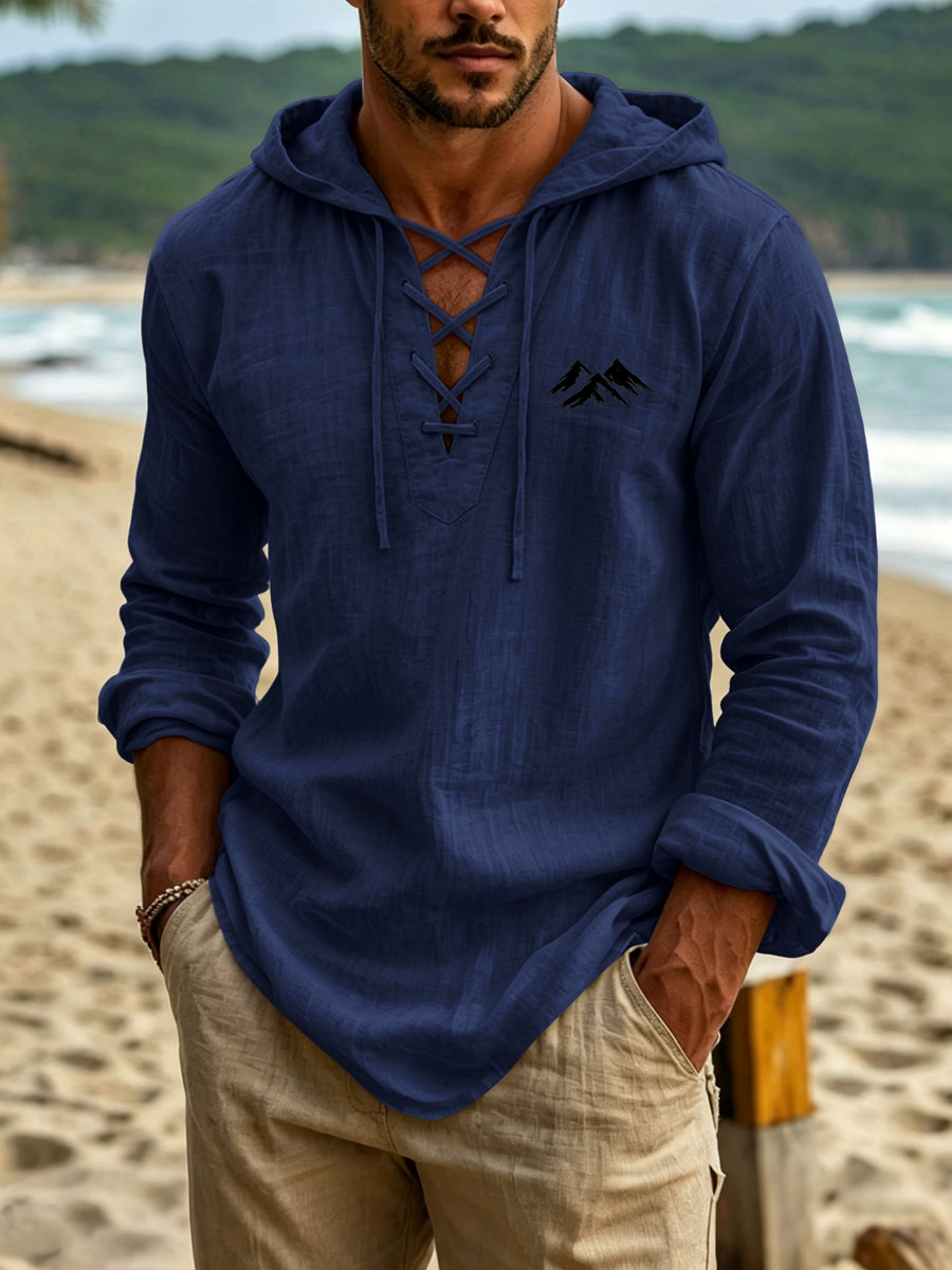 Outdoor Mountain Men's Linen Hooded Long-Sleeve Shirt with Hand-Painted Mountain Silhouette Print to Enhance Apparel Recognizability. Creative Cross-Tie Collar Adds Rich Layering. Long Sleeves and Hooded Design Create an Atmospheric Men's Outfit - Navy Color