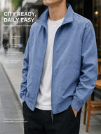 Men'S Stand-Collar Casual Commuter Jacket, Mesh Breathable Lining, Premium Wrinkle-Resistant Easy Care Fabric, Stand-Collar Zipper Closure, Ribbed Cuffs And Hem, Loose Fit Suitable for Business, Commute, And Casual Wear, Multi-Scene Men'S Outerwear - Dark Blue 1