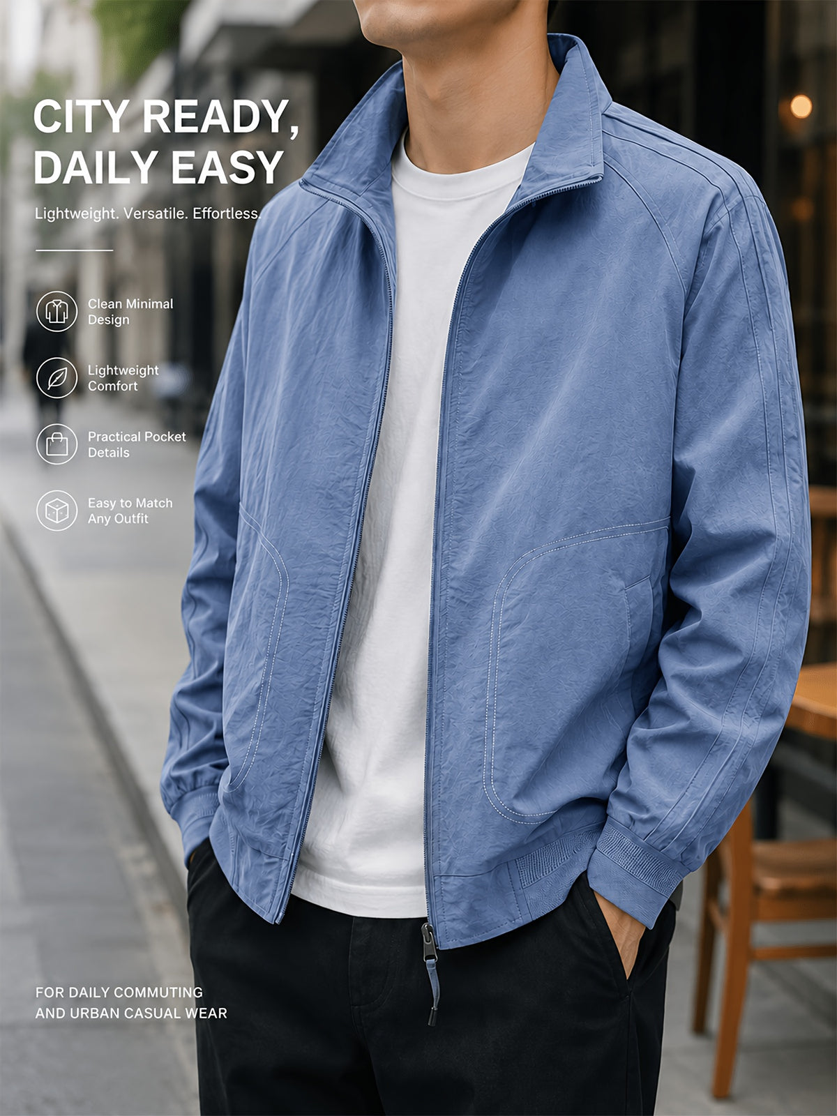 Men'S Stand-Collar Casual Commuter Jacket, Mesh Breathable Lining, Premium Wrinkle-Resistant Easy Care Fabric, Stand-Collar Zipper Closure, Ribbed Cuffs And Hem, Loose Fit Suitable for Business, Commute, And Casual Wear, Multi-Scene Men'S Outerwear - Dark Blue 1