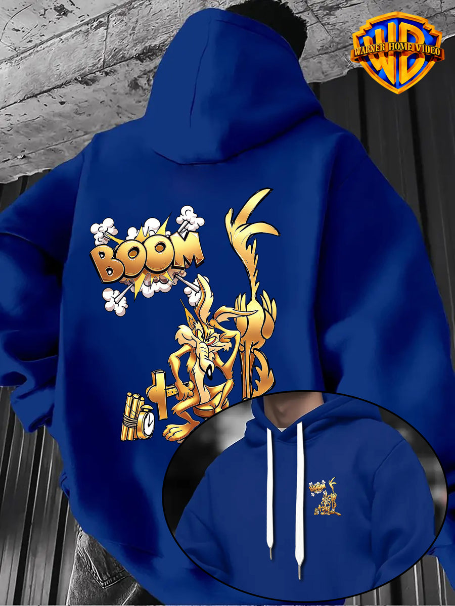Warner Bros Official 1pc, Vintage Monochrome Gilded Original Art BOOM Exploding Crooked Heart Wolf Cartoon Streetwear Hoodie - Men's Fashion Hoodie, Double-Sided Front and Back Print, Adjustable Drawstring Loose and Comfortable Sweatshirt - Blue