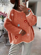 Women's Floral Pullover Elegant Sweater for Autumn and Winter - Orange-Red