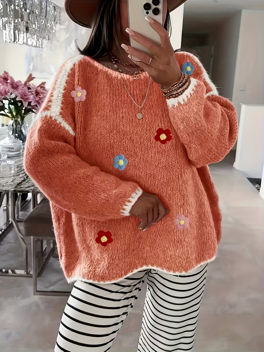 Women's Floral Pullover Elegant Sweater for Autumn and Winter - Orange-Red