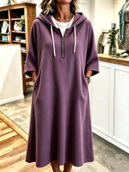 Plus Size - Spring Autumn New Waffle Half-Zip Hooded Sweatshirt Dress Women'S Loose Plus Size Three-Quarter Sleeve Drawstring Pocket Mid-Length Casual Style Solid Color Pullover Dress - Purple