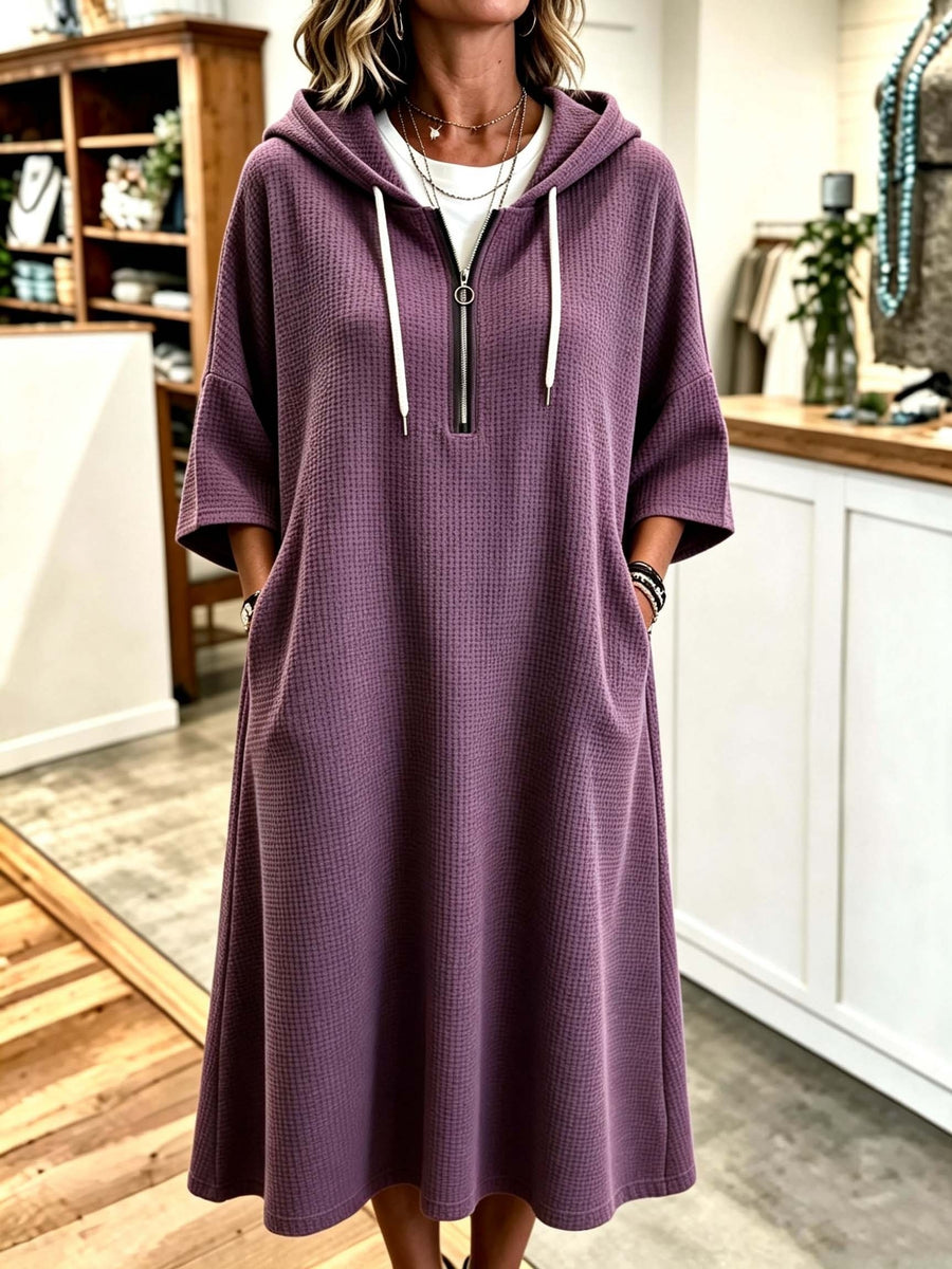 Plus Size - Spring Autumn New Waffle Half-Zip Hooded Sweatshirt Dress Women'S Loose Plus Size Three-Quarter Sleeve Drawstring Pocket Mid-Length Casual Style Solid Color Pullover Dress - Purple