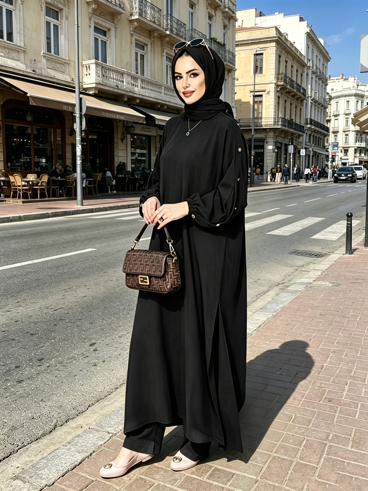 2026 New Loose, Casual And Fashionable, Commuting All-Purpose Long Two-Piece Set with Round Neck And Golden Button Pocket Design - 8075 Black