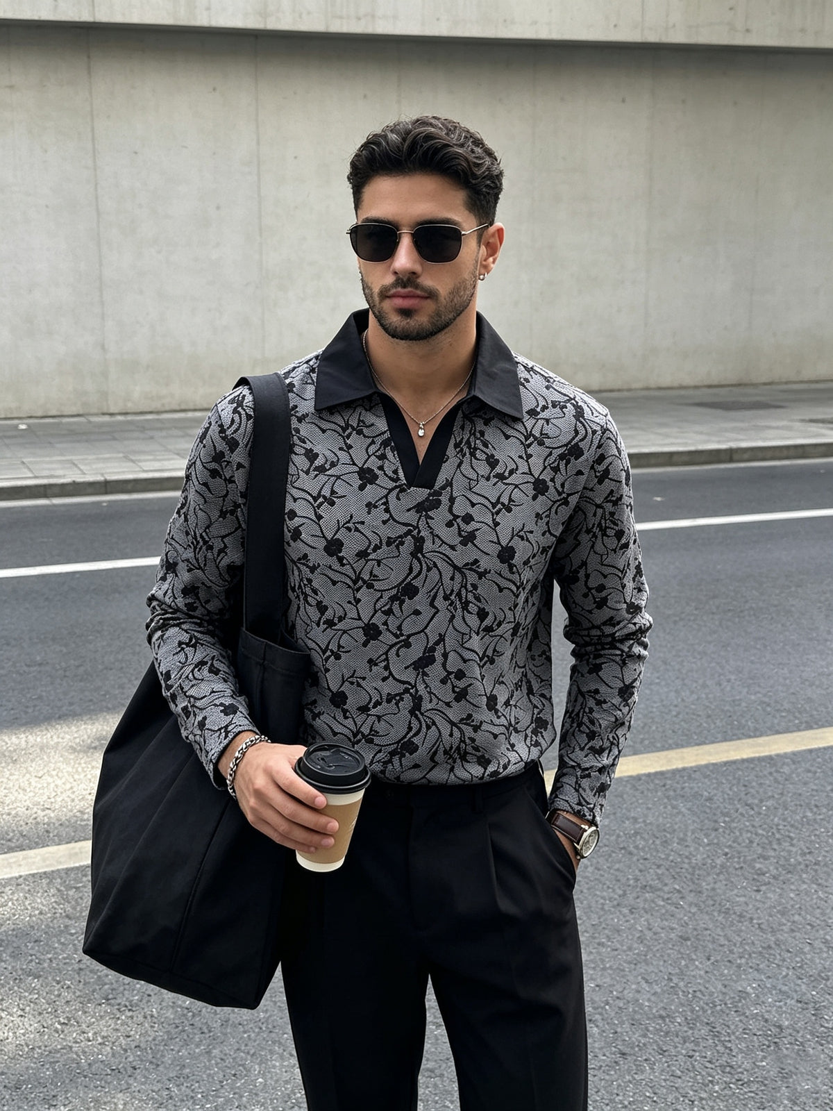 SODIMIU Vintage V-Neck Casual Long Sleeve Dark Pattern Jacquard Lapel Henley Shirt Men'S Top Business Casual Daily Party - Dark Gray