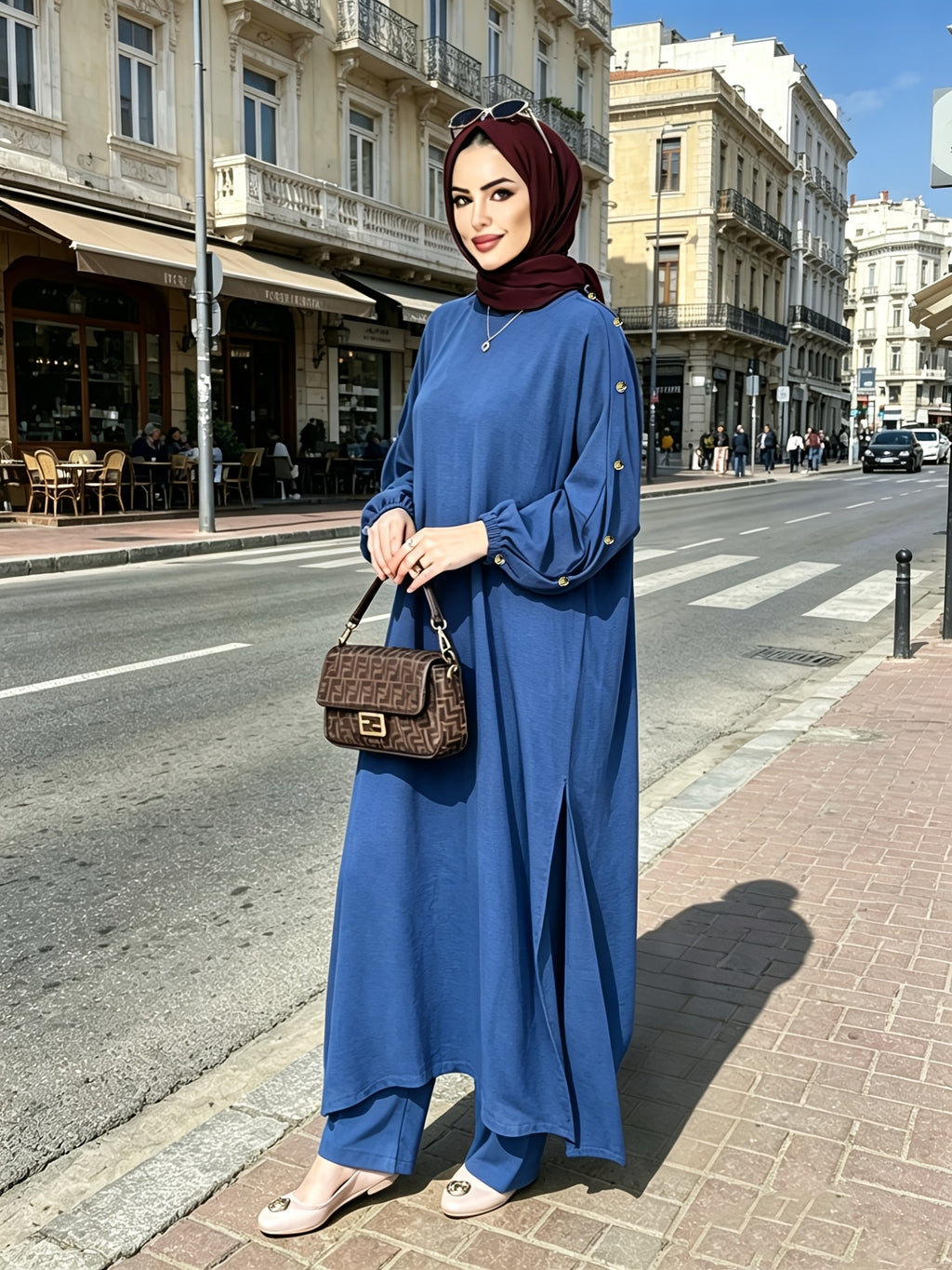 2026 New Loose, Casual And Fashionable, Commuting All-Purpose Long Two-Piece Set with Round Neck And Golden Button Pocket Design - 8075 navy