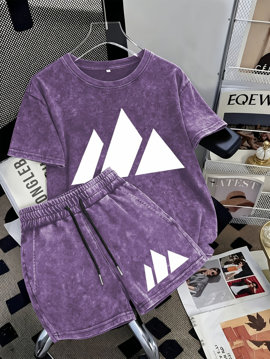 Summer Trendy Distressed Washed Short Sleeve Shorts Drawstring Women's Set, Minimalist Mountain Peak Line Drawing Print, Minimalist Outdoor Style, Artistic and Fresh Style, Forest-Inspired Natural Style, Comfortable for Hot Weather - Dark Violet