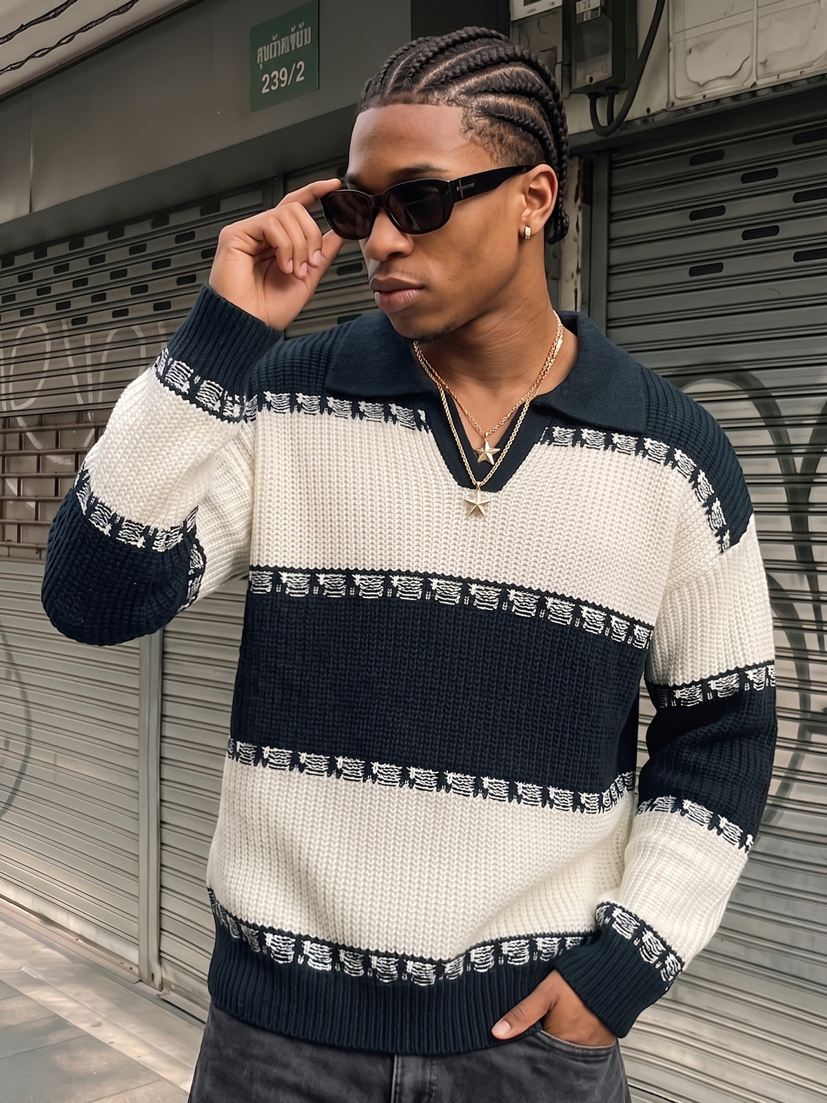 Men's Color-Block Polo Collar Sweater - Loose Fit Knit Pullover with Contrast Trim, Warm Winter Sweating Suitable for Daily Commute, Casual Office & -Casual Wear, Hand Washable Fall/Winter Sweater - Navy Color