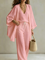 3pcs Set, Women's Spring/summer Vacation-style Loose Spaghetti Strap Tank Top with Cardigan and Loose Wide-leg Pants Casual Set, Elegant and Fashionable, Comfortable and Casual, Suitable for Commuting Wear - pink