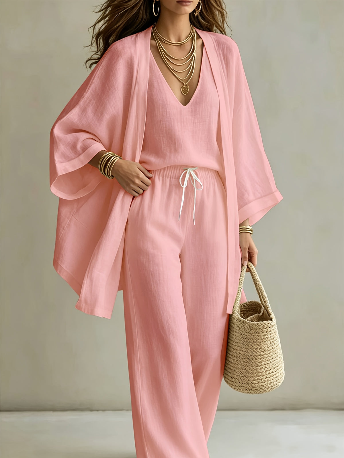 3pcs Set, Women's Spring/summer Vacation-style Loose Spaghetti Strap Tank Top with Cardigan and Loose Wide-leg Pants Casual Set, Elegant and Fashionable, Comfortable and Casual, Suitable for Commuting Wear - pink
