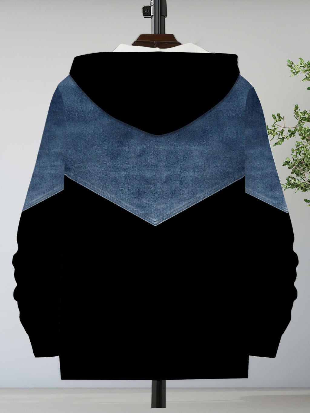 Men'S Fashion Contrast Faux Denim Print Hooded Zip-Up Sweatshirt, V-Print Design Not Textured - Mixed colors