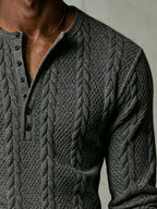 Autumn Men'S White Textured Henley Top, Half-Buttoned Jacquard Long Sleeve Knit Pullover, Korean Style Clean Fit for Men, Slight Stretch Regular Fit, Outdoor And Office Versatile Top - Dark Gray