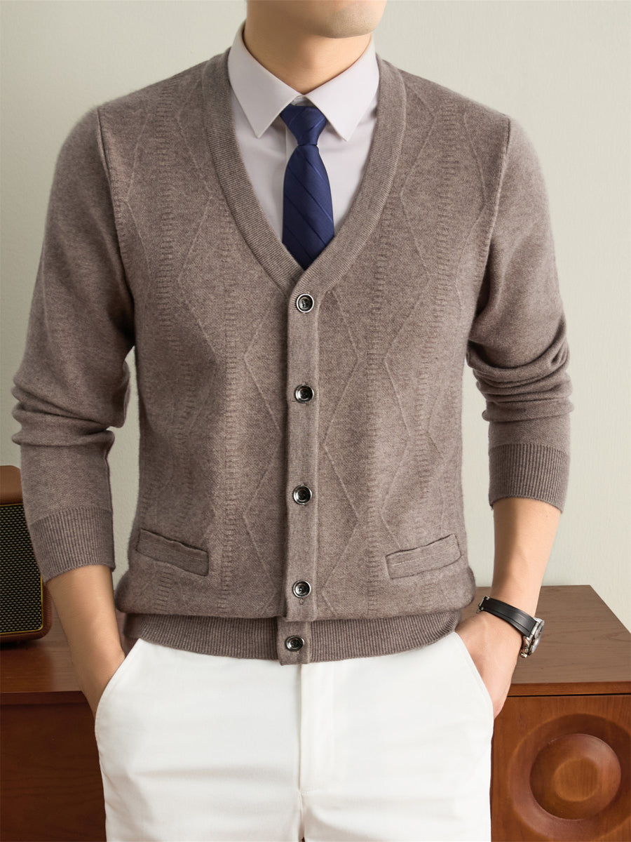 Autumn Winter Knit 3D Solid Color V-Neck Sweater, Basic Knit Cardigan for Men, Fashionable Long Sleeve Sweater, Size Y - Camel