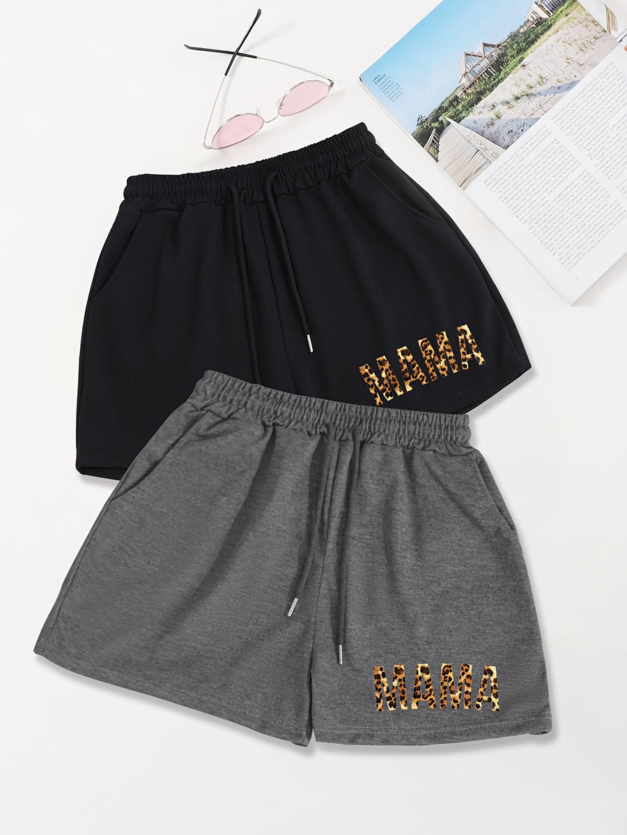 2pcs,Letter Print Drawstring Shorts, Casual Shorts, Women's Clothing - Black+Dark Grey