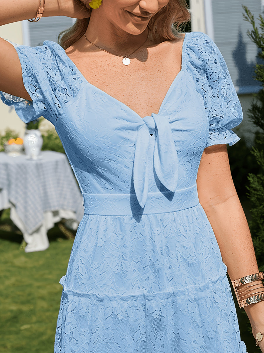 SOLLINARRY Women's Lace Dress with Sweetheart Neckline & Puffed Sleeves - Cinched Waist Midi Cake Skirt Evening Gown, Fitted Wedding Guest Dress Suitable for Parties, Prom, Special Occasions - Sky Blue