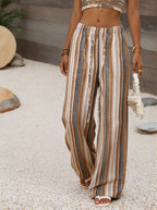 Women's High-Waist Fashionable Color-Striped Wide-Leg Casual Drawstring Straight-Leg Pants, Elegant Wide-Leg Trousers Suitable for Spring, Summer, Autumn, and All Seasons - Vintage Multicolor Stripes
