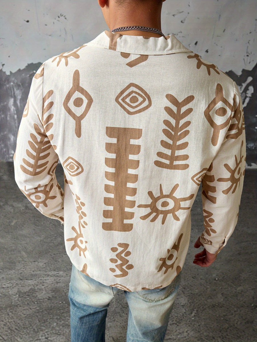 Men'S Casual Vacation Travel Style Fashion Abstract Pattern Shirt, Lightweight Loose Long Sleeve, Material, Comfortable Commuter Top - Apricot