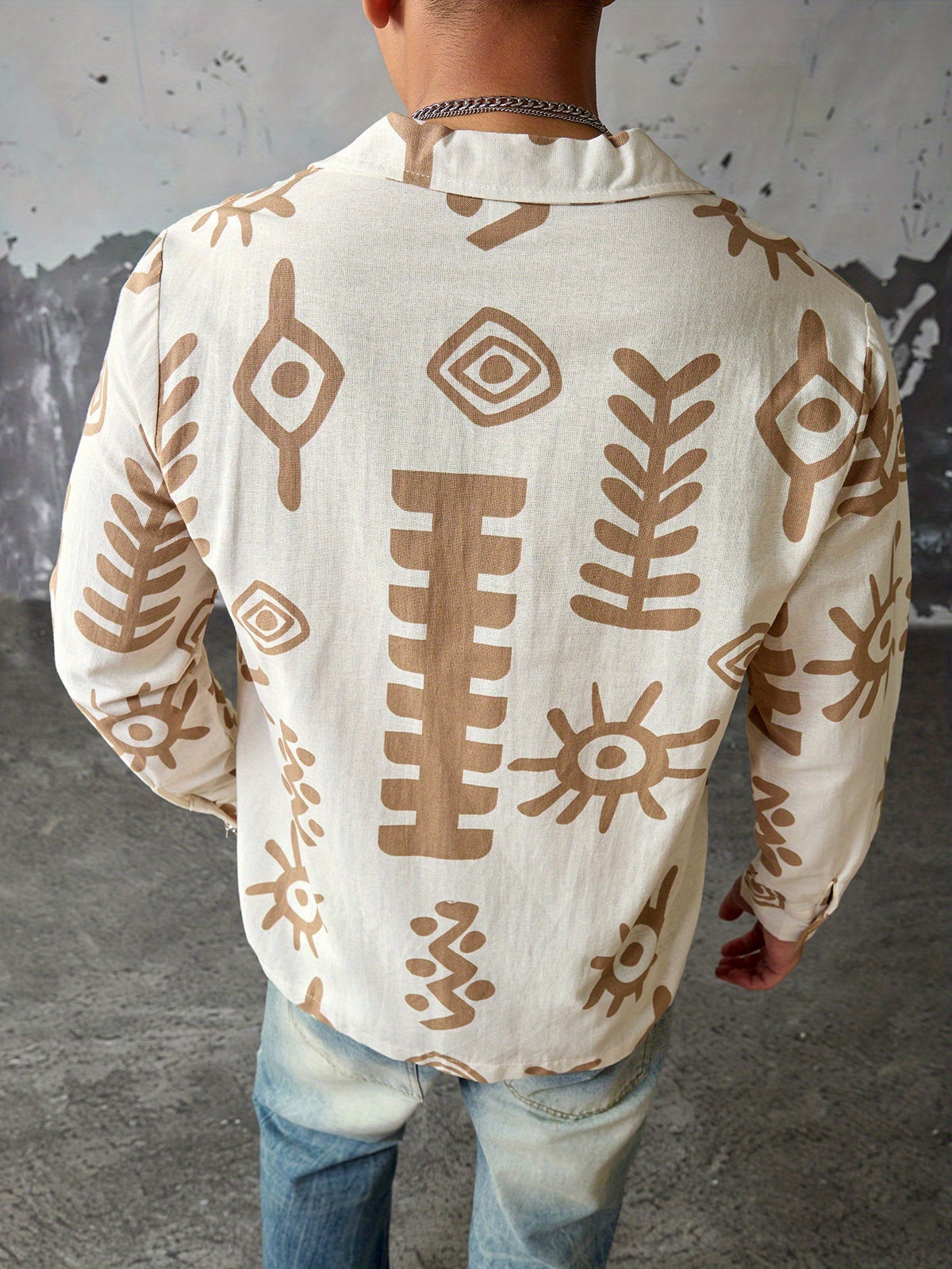 Men'S Casual Vacation Travel Style Fashion Abstract Pattern Shirt, Lightweight Loose Long Sleeve, Material, Comfortable Commuter Top - Apricot