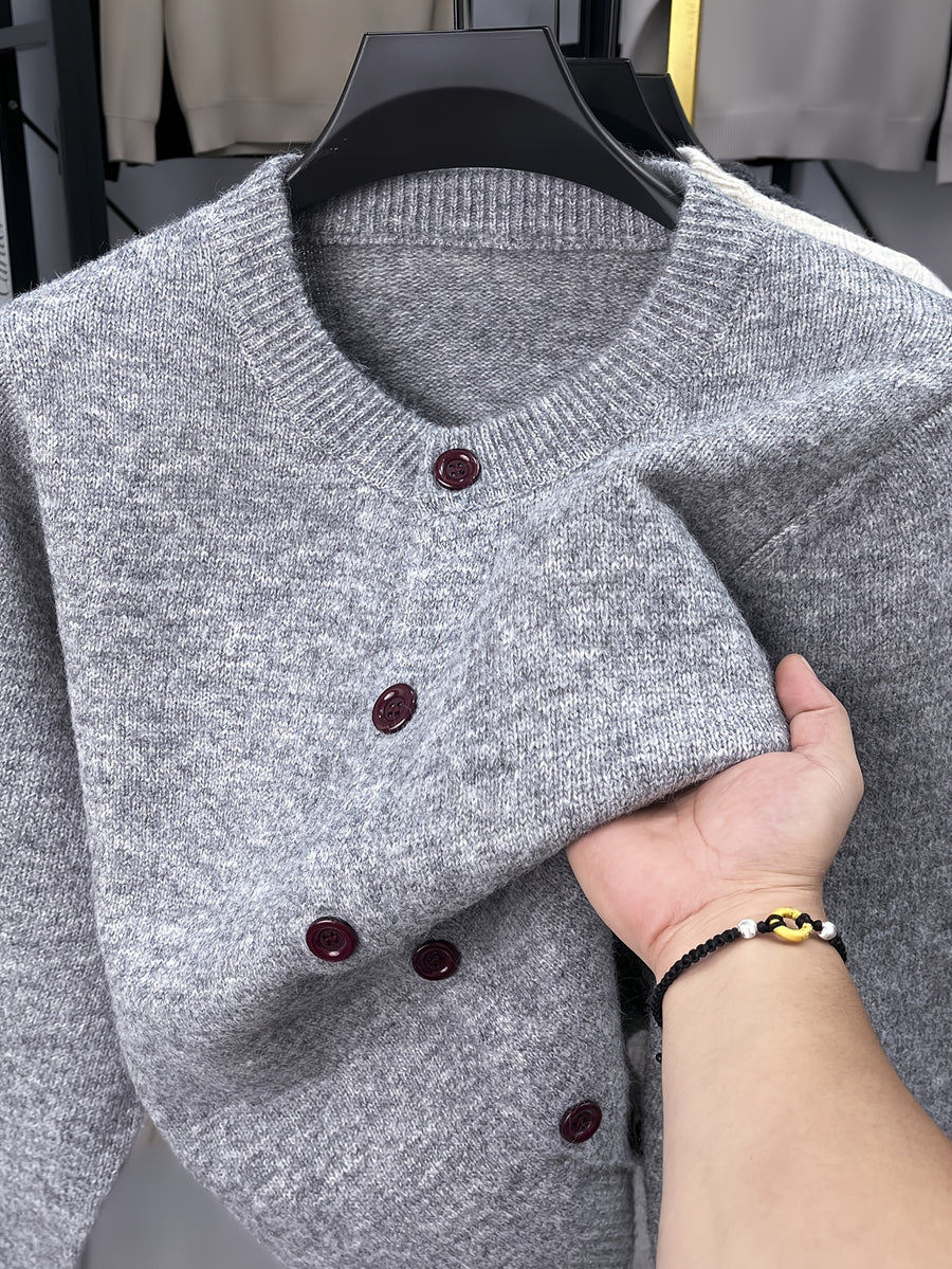 Men'S New Solid Color Button Knit Warm Easy Versatile Autumn Winter Sweater Jacket - Light Grey