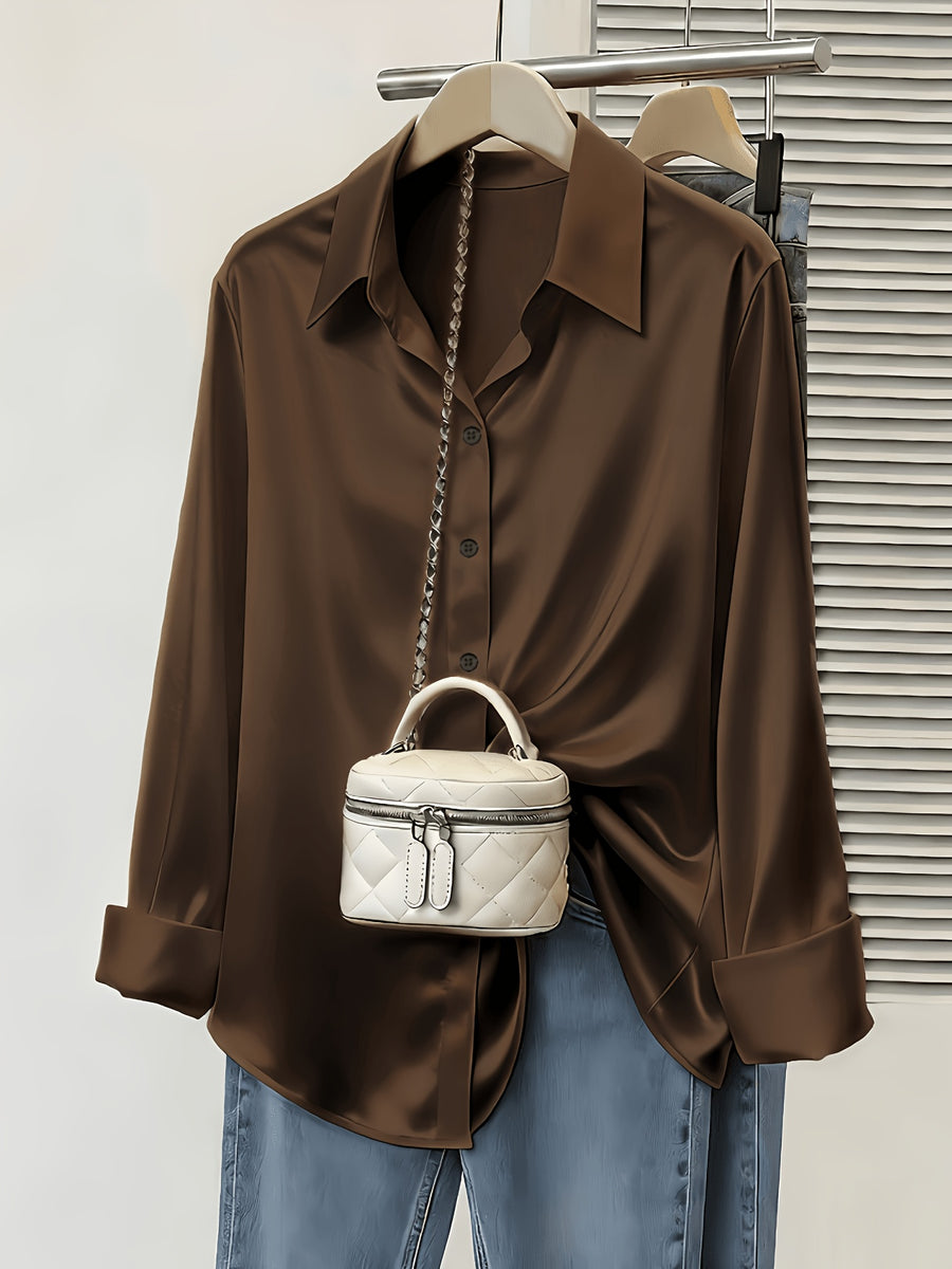 Women's Spring/Autumn Elegant and Versatile Satin Commuter Shirt - Coffee Brown