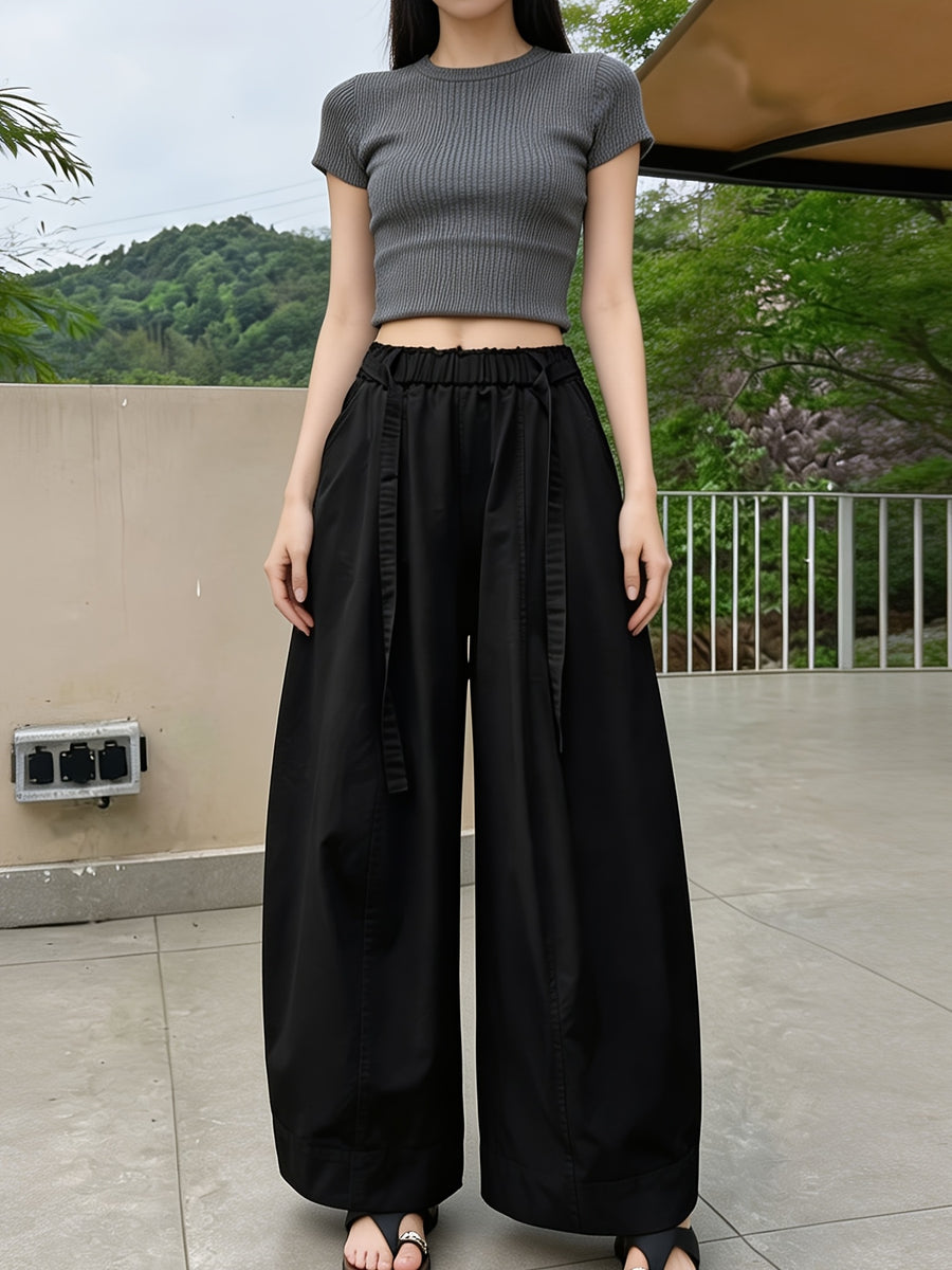 Western Style Summer High-Waist Wide-Leg Pants Women'S Loose Straight Casual Trousers Drape Elastic Waist Vacation Beach Pants Lazy Style Streetwear Inclusive XS to L Size Daily Commute Home Style Breathable Thin Texture Western Trendy Style Outdoor - Black
