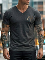 Casual Style Men's V-Neck T-Shirt Panther Print Summer Wear Gift for Him - Dark Gray